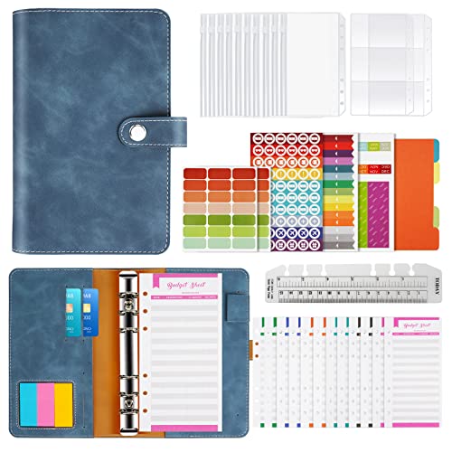 A6 Budget Planner, PU Leder Budget Binder, 6 Löcher Ringbuchordner Notizbuch mit Geldumschlägen, Budgettabelle, Kartenfächer etc, für persönlich Familie Ersparnisse Verbrauch Planung- Blau Cover