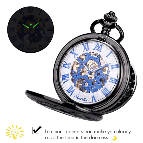 Image of ManChDa Mechanical Roman Numerals Dial Skeleton Pocket Watches with Luxury Wooden Box and Chains for Mens Women