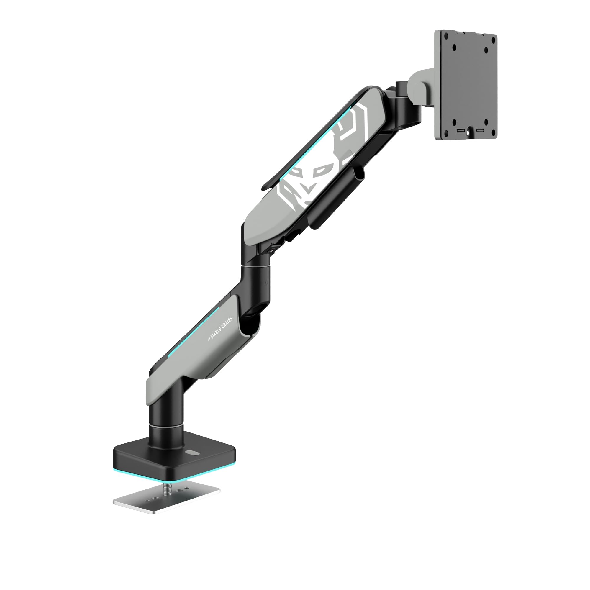 Ramię do monitora PC Diablo X-Arm 17-49 cali, stojak na monitor | Diody LED RGB | VESA 75 i 100 mm | Obrotowe | Zarządzanie kablami | Nośność do 20 kg | Zacisk biurkowy | Szaro-czarny