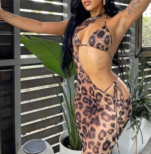 Ryehack Sexy 3 Piece Swimsuits for Women Bikini Sets and Cover Up Cutout Sleeveless Halter Sheer Mesh Maxi Dress3