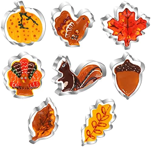 Fall Thanksgiving Cookie Cutter Set, 8 Pcs Stainless Steel Biscuit Cutters - Pumpkin, Turkeys, Maple Leaf, Oak Leaf, Aspen Leaf, Squirrel, Acorn…
