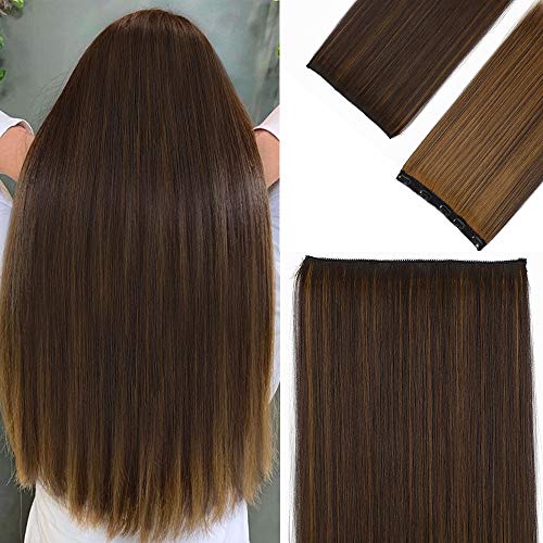 Sué Exquisite 4PCS 20 inches Long Straight Thick Hair Pieces Clip in on Hair Extensions Synthetic Fiber Double Weft Soft Hair for Women Full Head (20 Inch, Chestnut Brown mix Dark Yellow)