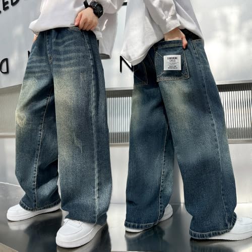 Kids Boys Streetwear Elastic Waist Wide Leg Baggy Cargo Denim Cotton Jeans Pants with Pocket for 4-14 Years2