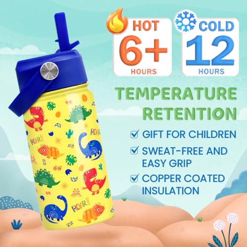 Image of Dinosaur Kids Water Bottle - 12 Oz Insulated Stainless Steel - Straw Lid for Toddlers & Kids - School & Sports Travel Cup