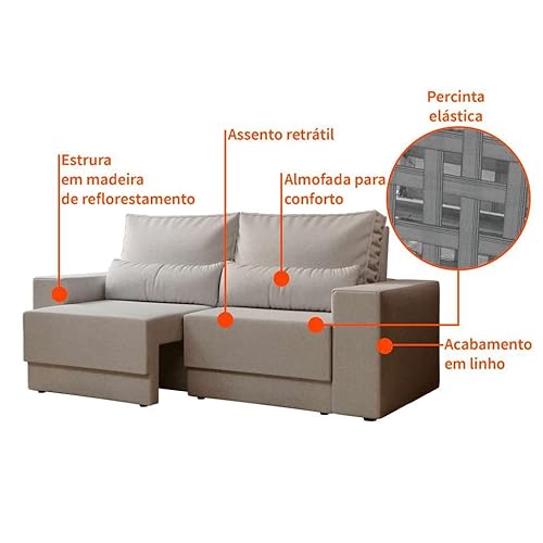 Sofá 3 Lugares Retrátil Sochi Linho Cru