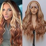 msloosily Ginger Mix Blonde Synthetic Lace Front Wig 13x6 HD Blonde Highlight Wig For Black Women Long Wavy Lace Front Wig Pre Plucked Natural Hairline Middle Part(26inch,P23-27)