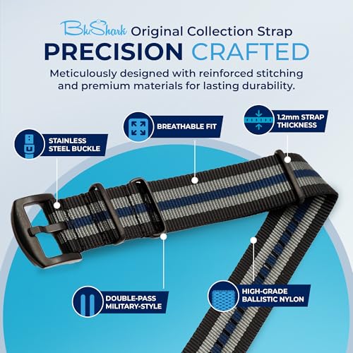 Image of BluShark - Original Collection Military-Style Waterproof Watch Strap, Fits All Timepiece Brands, Durable Nylon Wristwatch Accessories with Stainless Steel Buckle - 18mm, 20mm, 22mm & 24mm Watch Bands
