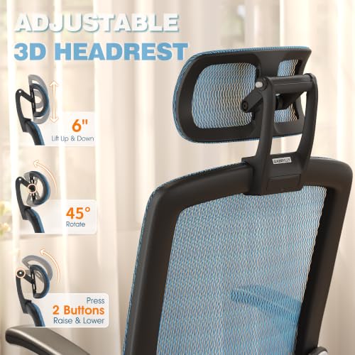 Image of GABRYLLY Ergonomic Office Chair, High Back Mesh Desk Chair with Adjustable Headrest, Flip-Up Arms, 90-120 Tilt Lock, Lumbar Support and Comfy Seat, Swivel Computer Task Chair, Blue
