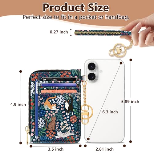 Image of Giancomics Slim Wallet Credit Card Holder Women, Cute Cats Flowers Rfid Blocking Small Card Case, Keychain Thin Pocket Curved Zipper Wallet, Travel Card Holder PU Leather ID Window, Ladies Female Gift