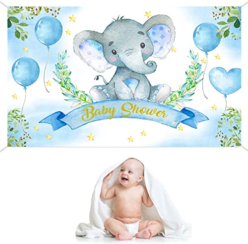 Blue Watercolor Elephant Baby Shower Backdrop Elephant Greenery Leaves Balloon Photography Background Elephant Baby Shower Party Decorations Banner For Boy #TOP1