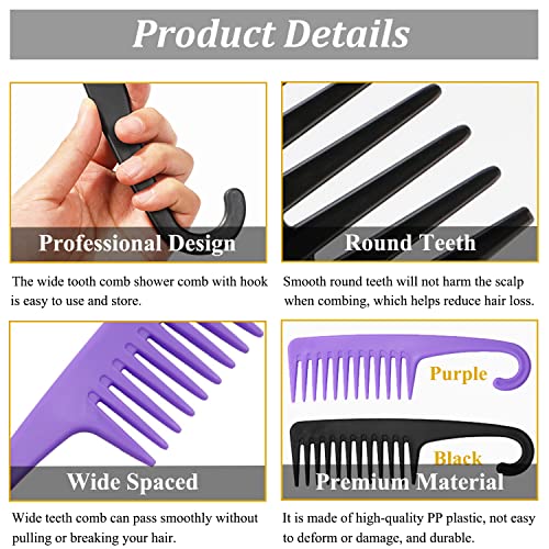 2Pcs Large Wide Tooth Comb, Shower Combs With Hook For Wet Curly Hair, Premium Big Hair Brush Combs To Detangle Curls, Conair Women Detangler Comb For Detangling Wigs, Styling Dry Thick Long Cabello #TOP2