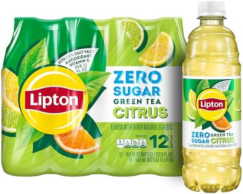 Lipton Zero Sugar Iced Tea, Green Tea Citrus, 16.9 fl oz Bottles, (12 Pack), 100% DV Vitamin C