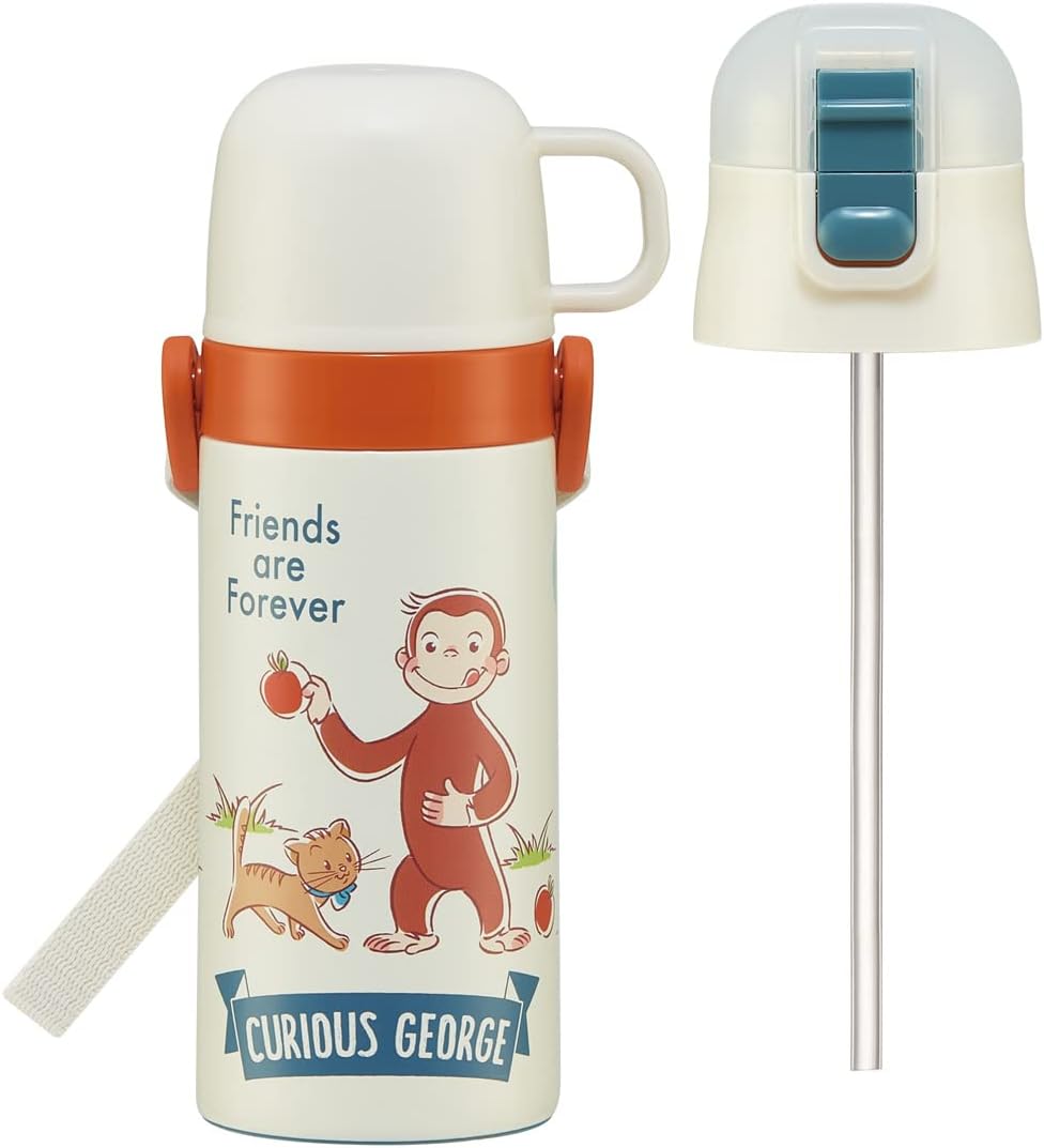 Skater SKCP3-A 2-Way Straw with Cup, Stainless Steel Kids Water Bottle, 11.8 fl oz (350 ml), Curious George, Boys