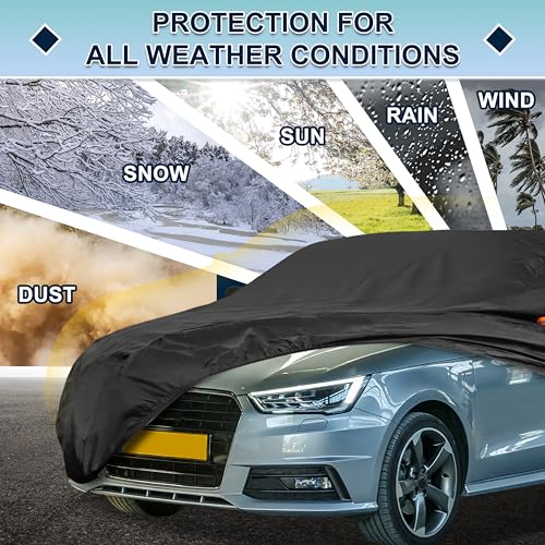 Image of Black Heavy Duty Waterproof Car Cover for Sedan 169 inch-175 inch - All-Weather UV Protected Outdoor Full Exterior Cover with Sun /Snow /Rain Resistance