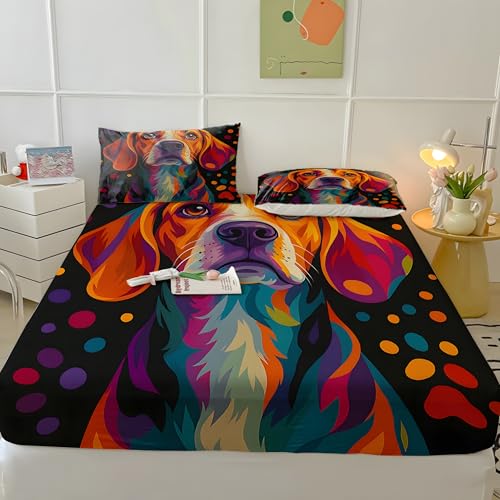Sabana Bajera 135x190 Perro Sabanas Bajeras Estampadas Animales Sábana Bajera Ajustable Suaves, Elastico Funda Colchon con 2 Funda Almohada 50x80 cm, para Colchón de 30cm de Altura
