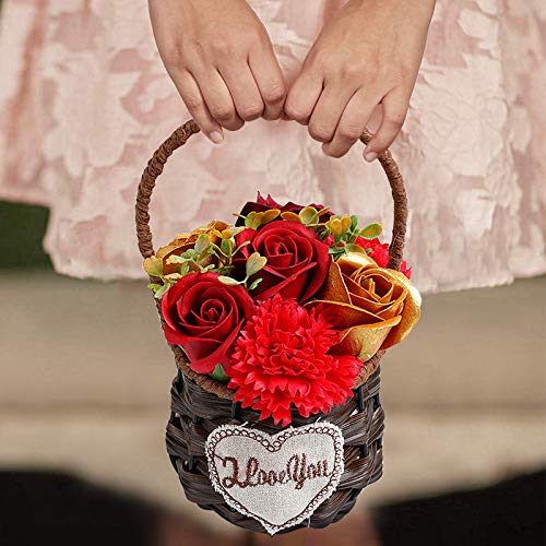 Artificial Red Rose Flowers In Basket With I Love You Letters Mother's Day Flower Gifts For Wife, Plastic Plants Decorations For Farmhouse Rustic Wedding Table Home Decor Indoor Floral Decor #TOP3