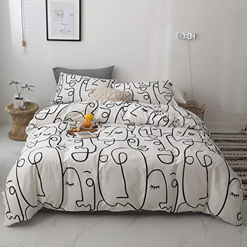 Layenjoy Abstract Duvet Cover Set Queen, 100% Cotton Bedding, Black Stripe Geometric Face Pattern Printed On White Reversible, 1 Comforter Cover Full And 2 Pillowcases For Kids Teens Boys Girls #TOP6