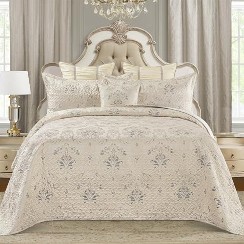 Loom and Mill Luxury Quilt Set 3 Piece, Elegant Floral Quilted Bedspread Queen Size with 2 Shams, Soft Lightweight Jacquard Bedding Coverlet Set for Christmas All Season (Light Apricot, Queen) by Loom and Mill - Used condition - US$127.24