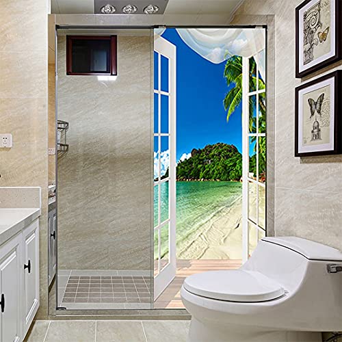 Chezmax 3D Natural Scenery Landscape Door Sticker Self-Adhesive Wallpaper Waterproof Removable Door Mural Decal For Room Bedroom Wardrobe Home Office Decoration 35.4" W X 78.7" H (Window Seaside) #TOP6