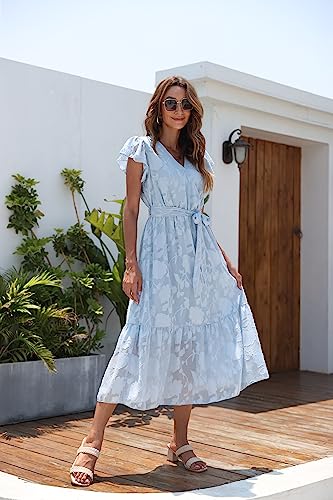 Image of VintageClothing Womens Sundress Casual Floral Summer Boho Dress | Flowy Wrap V Neck Ruffle A-Line Pleated Hem Midi Dresses