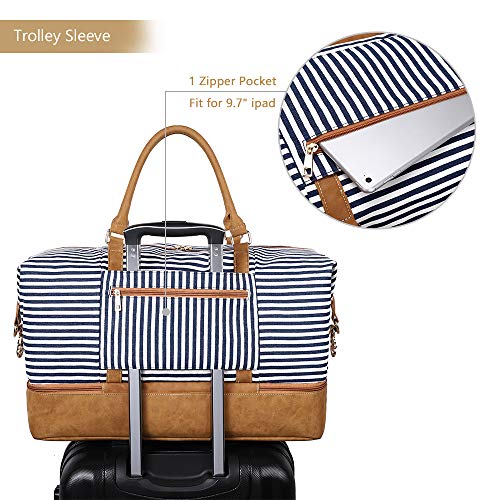 Plambag Canvas Duffel Weekender Bag with Shoe Compartment 42L Overnight Travel Tote Bag(Blue Stripe)