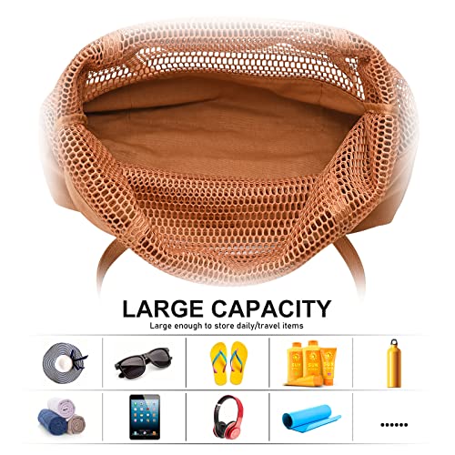 GM LIKKIE Mesh Beach Tote Bag for Women, Lightweight Weekend Hobo Handbag, Large Grocery Shoulder Purse for Shopping & Travel (Khaki) - Thumbnail 3