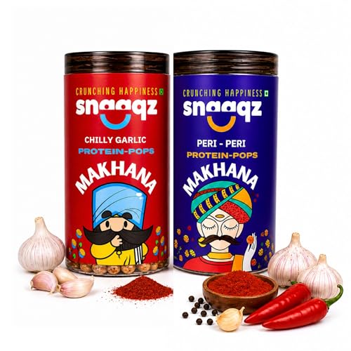 Image of SNAAQZ Roasted Makhana Combo - Chilly Garlic & Peri Peri | Crunchy Spicy Foxnuts | High Protein Vegan Snack | Gluten-Free | Roasted Not Fried | Healthy Munchies | Travel Friendly | Desi Masala Flavors
