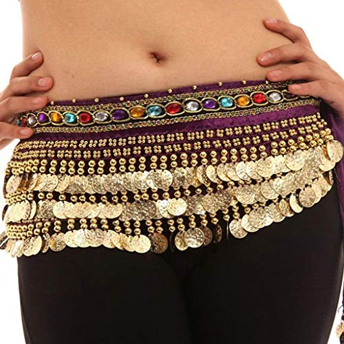 Image of VRITRAZ Women's Chiffon Belly Dance Hip Scarf Waistband Belt Skirt Mixed Colors Beads and Golded Coins 56 Black