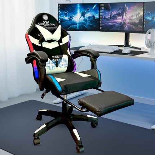 Image of Casa Copenhagen Designed in Denmark,High-Back Italian Leather Gaming Ergonomic Chair with Advanced Mechanism with LED Light & Electric Back Massager, Memory Foam Seating - White & Black
