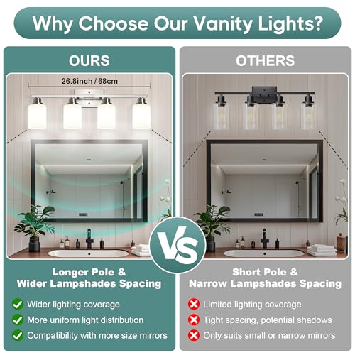 Image of Ascher Bathroom Light Fixtures, 4-Light Vanity Light Over Mirror, Brushed Nickel Wall Sconces with Milky White Frosted Glass Shades, Wall Lamp for Living Room Bedroom, E26 Base(Bulbs Not Included)