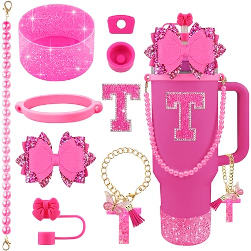 Hpebl 9PCS Hot Pink for Stanley Cup Accessories Set Bling Initials Bow Charms for Stanley Decorations 30/40 Oz Tumbler Accessories Including Bow Straw Topper, Handle Strap, Spill Stopper（Letter T） - image 1