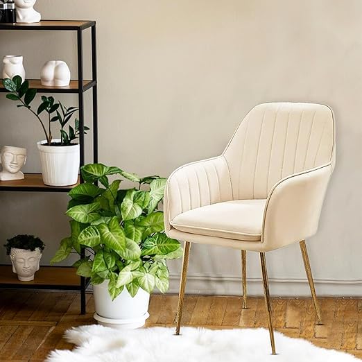 Image of Set of 2 Velvet Dining Chairs, Cushion Seat Chair for Living Room Bedroom Restaurant, Modern Contemporary Upholstered with Polished Rosegold Metal Legs (Off White)