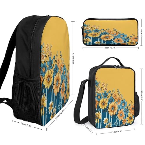 Printed Backpack With Lunch Pack Storage Box Case Yellow And Blue Floral 3pcs Lightweight Travel Backpack2