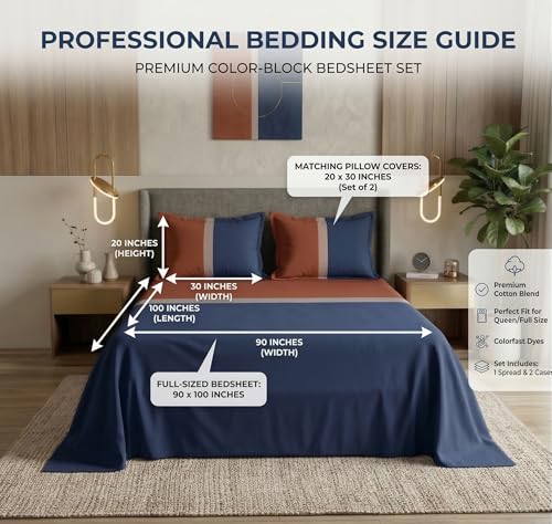 Image of VAS COLLECTIONS Premium Cotton Bedsheet for Double Bed with 2 Pillow Covers - Soft, Breathable & Wrinkle Resistant Cotton Bedding Set, King Size Bed Sheet 90 x 100 Inches (Navy Orange)