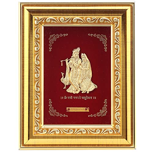 Image of Pk & Pk Jewellers Lord Radha Krishna with Peacock | 24KT Gold Frame | Golden Collection | Extra Small Size [14x18 cm] (For Premium Gift, Temple, Table Decor, Home Decoration)