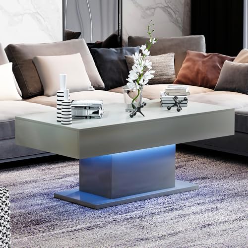 KEEPREAPER Modern Grey Coffee Table for Living Room, Living Room Table Rectangular Center Table, High Glossy Wooden Coffee Tables with 16 Colors LED Lights for Dining Reception Room