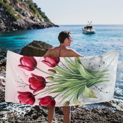 Toallas de baño Bovnobca con bouquet de acuarela Red Tulip, portátil para viaje, toalla de playa sobredimensionada, suave, super absorbente y de secado rápido, multiusos para deportes, fitness, yoga, 31" x 71" miniatura 5