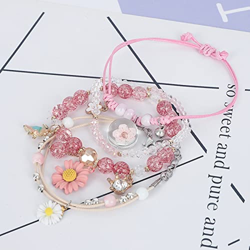 Image of 4 Pcs Beaded Cute Bracelets for Teen Girls Women, Dainty Cute Cartoon Crystal Beads Pearl Stretch Charm Handmade Adjustable Anklets Bracelet Set Birthday Gift for Friends
