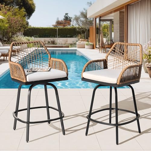 NUU GARDEN 2PCS Patio Bar Stools Set, Outdoor Swivel Bar Stools with Back, Handwoven Twisted Wicker Rattan Patio Bar Chairs with Removable Cushions for Backyard, Balcony, Garden and Poolside, Beige - Image 5