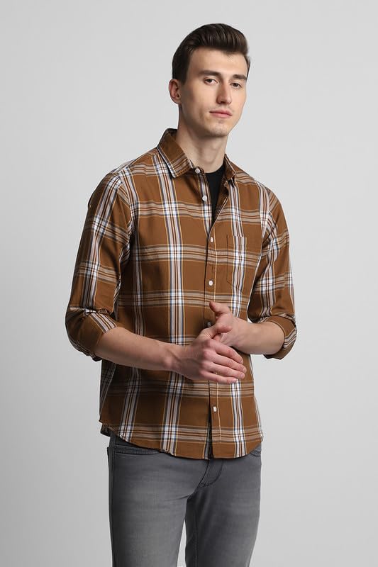 Image of Dennis Lingo Men's Khaki Cotton Casual Shirt, Full Sleeve Slim Fit Spread Collar