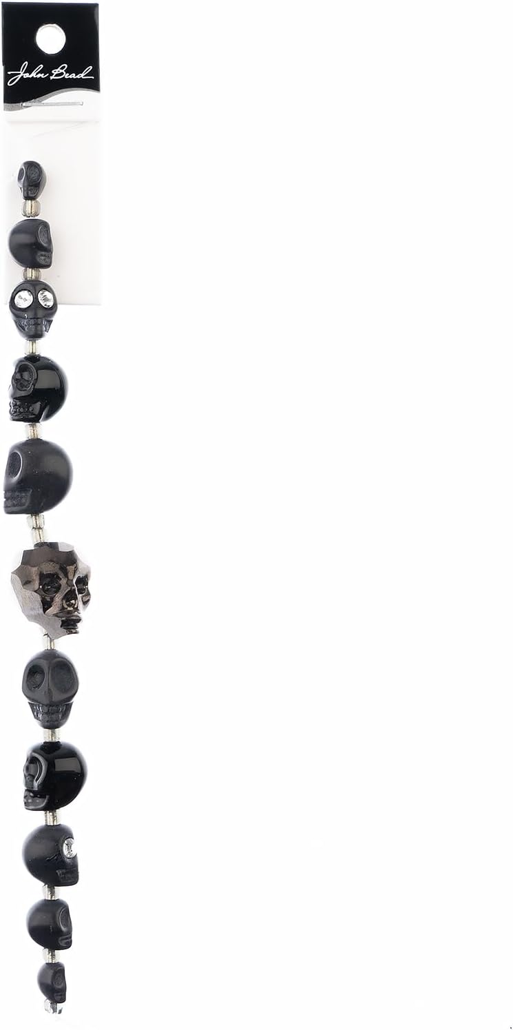 John Bead 33 Assorted Sized Skulls Bead Strand 6.5in. Strand Black