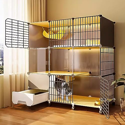 猫ケージ屋内、猫の囲い、猫用ケンネル、折りたたみ式ペットケージ、自立式トイレボックス、金属製ワイヤーケンネルクレート、組み立て簡単、大きな運動場アイデア(109-39-112cm/43-15-44)