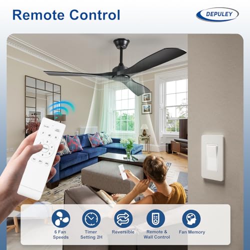 Image of Depuley Ceiling Fan Without Light: 52 Inch 3 Blade Outdoor Fans for Patios - Black Ceiling Fan No Light Indoor Remote Control Ultra Quiet DC Motor Reversible 6 Speed Timer