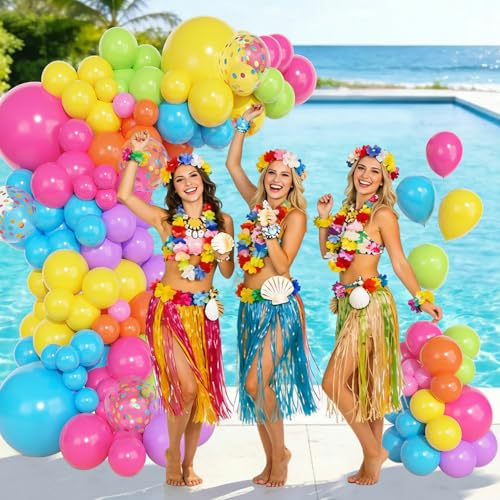 Image of Ouddy Life 157 Pcs Tropical Balloons Arch Garland Kit, Hot Pink Blue Yellow Lime Green Orange Purple Rainbow Colorful Balloon Different Size for Summer Hawaiian Luau Aloha Birthday Party Decorations
