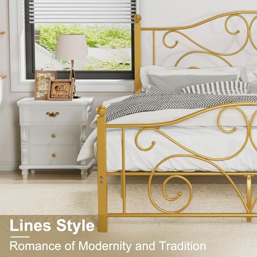 Image of VECELO Full Size Bed Frame with Headboard and Footboard, Heavy Duty Metal Slat Support, Platform Mattress Foundation, No Box Spring Needed, Easy Assembly, Gold