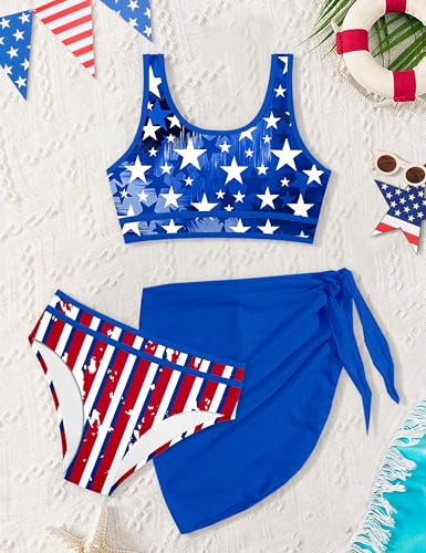 Image of Girls Swimsuit Double Strap High Waist Sporty Bikini Swimsuits Swim Cover Up Skirt 3 Piece Set