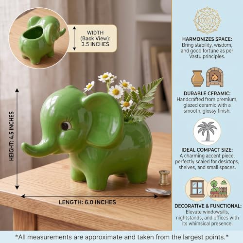 Image of Ceramic Elephant Succulent Planter Pots - Set of 2, Green Glossy Flower Pots for Indoor Home Decor, Office Desk, Balcony & Gifting (Plants Not Included)