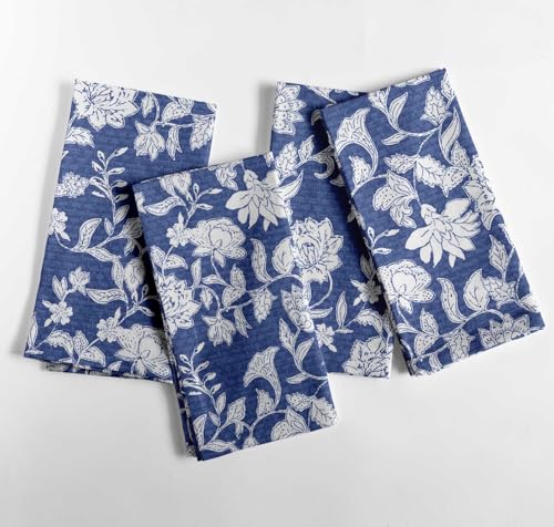 Vargottam Servilletas de algodón artesanales con Estampado Floral, Juego de 12, 50 x 50 cm, servilletas de Tela Azul con Detalles Blancos, cenas Elegantes y Brunch. Lavables a máquina.
