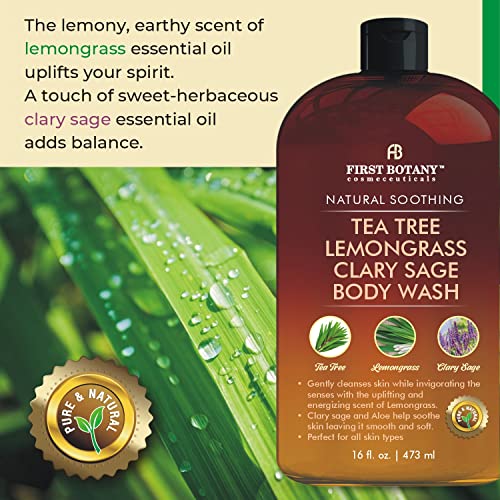 All Natural Body Wash - Fights Body Odor, Athlete’s Foot, Jock Itch, Nail Issues, Dandruff, Acne, Eczema, Shower Gel For Women & Men, Skin Cleanser -16 Fl Oz (Tea Tree, Lemon Grass, Clary Sage) #TOP4