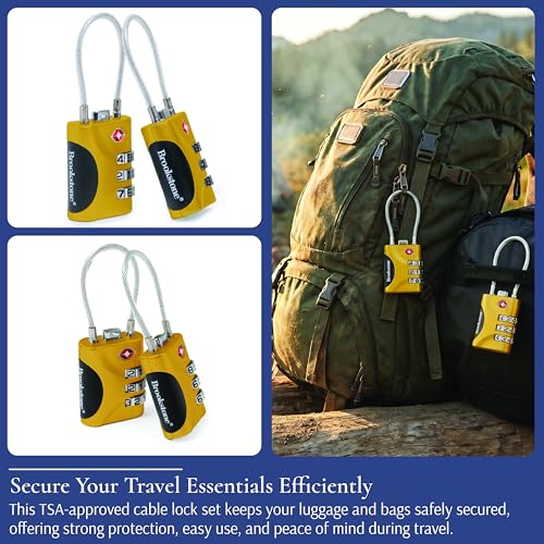Image of Brookstone Cable Lock - 2 Pack 3-Digit Keyless TSA Approved Locks for Luggage - Resettable Combination Luggage Lock, Size One Size, Lemon Yellow